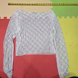Faded Rose White Mesh Sheer Top XL Rhinestone Pearl Embellished Long Sleeve
